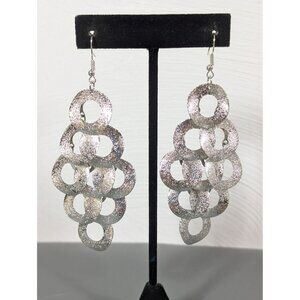 Silver Tone Textured Round Disc Chandelier Charm Statement Earrings MOD Long